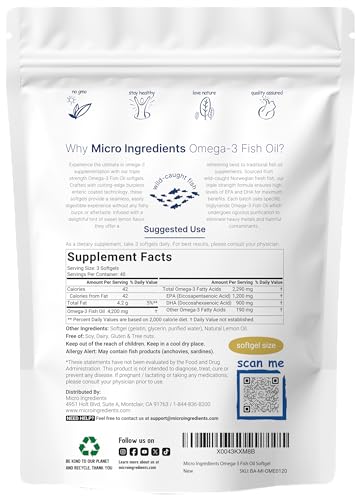 Micro Ingredients Triple Strength Omega 3 Fish Oil Supplements 4200mg Per Serving  120 Softgels   Lemon Flavored   Burpless   EPA 1200mg   DHA 900mg   Deep Sea Fish