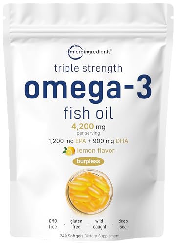 Micro Ingredients Triple Strength Omega 3 Fish Oil Supplements 4200mg Per Serving  240 Softgels   Lemon Flavored   Burpless   EPA 1200mg   DHA 900mg   Deep Sea Fish