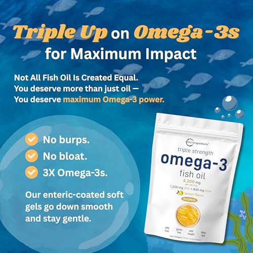 Micro Ingredients Triple Strength Omega 3 Fish Oil Supplements 4200mg Per Serving  240 Softgels   Lemon Flavored   Burpless   EPA 1200mg   DHA 900mg   Deep Sea Fish