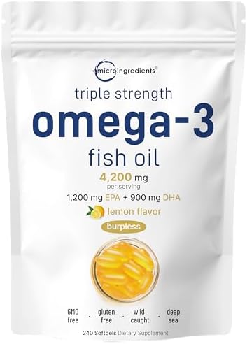 Micro Ingredients Triple Strength Omega 3 Fish Oil Supplements 4200mg Per Serving  240 Softgels   Lemon Flavored   Burpless   EPA 1200mg   DHA 900mg   Deep Sea Fish