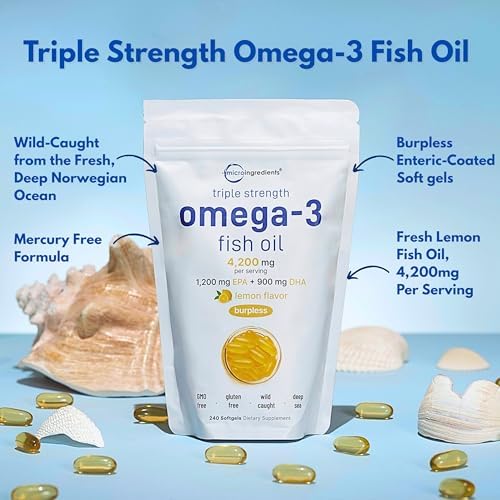 Micro Ingredients Triple Strength Omega 3 Fish Oil Supplements 4200mg Per Serving  240 Softgels   Lemon Flavored   Burpless   EPA 1200mg   DHA 900mg   Deep Sea Fish