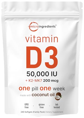Micro Ingredients Vitamin D3 50 000 IU   K2 MK 7 200 mcg  240 Softgels   Virgin Coconut Oil   2 in 1 Bone  Immune & Heart Support   Easy to Swallow  Non GMO