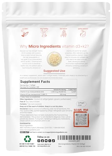 Micro Ingredients Vitamin D3 50 000 IU   K2 MK 7 200 mcg  240 Softgels   Virgin Coconut Oil   2 in 1 Bone  Immune & Heart Support   Easy to Swallow  Non GMO