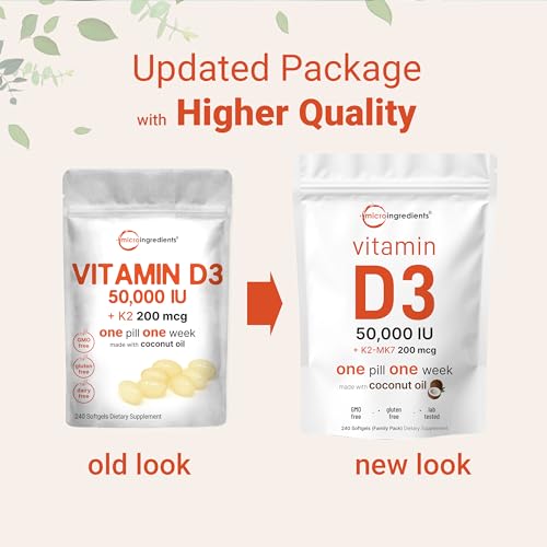 Micro Ingredients Vitamin D3 50 000 IU   K2 MK 7 200 mcg  240 Softgels   Virgin Coconut Oil   2 in 1 Bone  Immune & Heart Support   Easy to Swallow  Non GMO