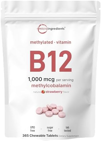 Micro Ingredients Vitamin B12 1 000 mcg   Methylcobalamin   365 Chewable Tablets   Fast Dissolve  Natural Strawberry Flavor   Supports Energy & Metabolism Health   Vegan  Non GMO  Gluten Free