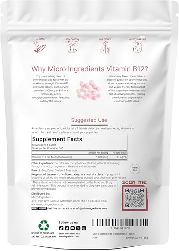 Micro Ingredients Vitamin B12 1 000 mcg   Methylcobalamin   365 Chewable Tablets   Fast Dissolve  Natural Strawberry Flavor   Supports Energy & Metabolism Health   Vegan  Non GMO  Gluten Free