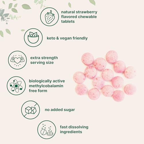 Micro Ingredients Vitamin B12 1 000 mcg   Methylcobalamin   365 Chewable Tablets   Fast Dissolve  Natural Strawberry Flavor   Supports Energy & Metabolism Health   Vegan  Non GMO  Gluten Free