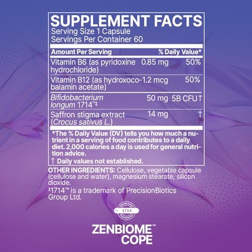 Microbiome Labs Zenbiome COPE   Probiotic Mood Support Supplement with Vitamin B6  B12 & Saffron Extract   Gut Health Probiotics for Women & Men   Support The Gut Brain Axis  60 Capsules