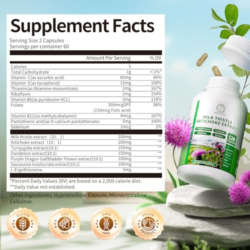 Milk Thistle Supplement  Liver Cleanse Detox & Repair Formula  16 in 1 Herbal Liver Support Pill with Artichoke  L Ergothioneine  Turnjujube Dandelion Extract for Liver & Antioxidant 120 Capsules