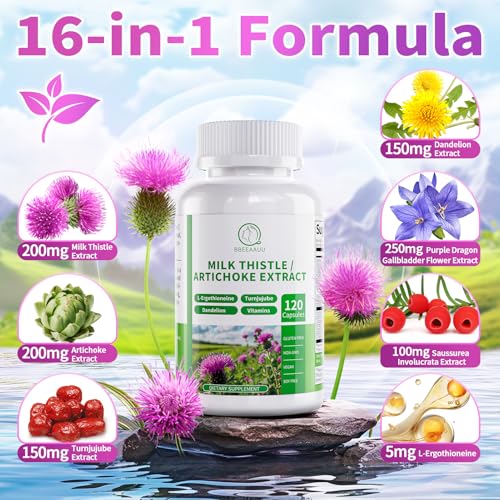 Milk Thistle Supplement  Liver Cleanse Detox & Repair Formula  16 in 1 Herbal Liver Support Pill with Artichoke  L Ergothioneine  Turnjujube Dandelion Extract for Liver & Antioxidant 120 Capsules