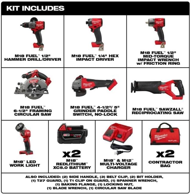 Milwaukee M18 FUEL 18V Lithium Ion Brushless Cordless Combo Kit with Two 5 0 Ah Batteries  1 Charger  2 Tool Bags  7 Tool 
