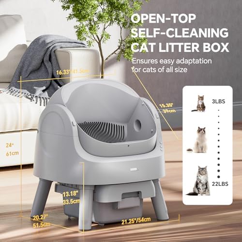 Mimfam Automatic Self Cleaning Litter Box  with 4 Pairs Infrared Senor  Open Top Design for Multi Cat Homes  Comes with Liner Bags and Cat Litter Mat  Grey