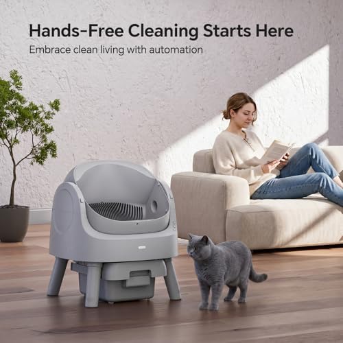 Mimfam Automatic Self Cleaning Litter Box  with 4 Pairs Infrared Senor  Open Top Design for Multi Cat Homes  Comes with Liner Bags and Cat Litter Mat  Grey