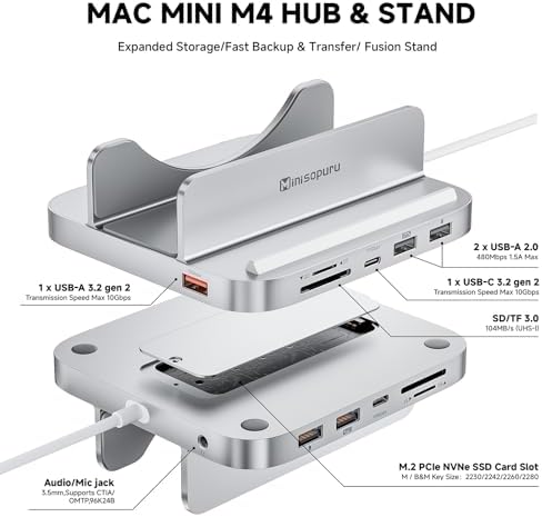 Minisopuru iExpandMate MINI218B PRO Mac mini M4 Dock & Stand with M 2 NVMe SSD Enclosure  10Gbps USB C/A  TF& SD  2X USB A 2 0  Audio Jack  8 in 1 Mac mini Hub for M4/M4 Pro 2024
