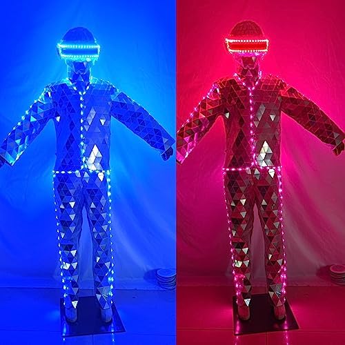 Mirror Man with LED Helmet for Disco Party DJ Adult Stage Street Performance Halloween Cosplay Christmas Costume  Silver  S 