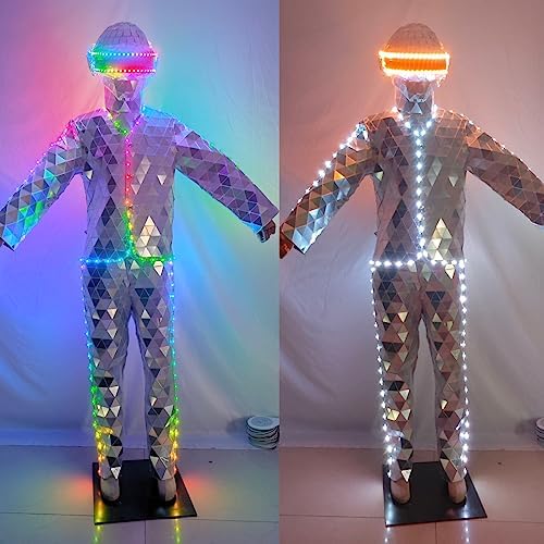 Mirror Man with LED Helmet for Disco Party DJ Adult Stage Street Performance Halloween Cosplay Christmas Costume  Silver  S 