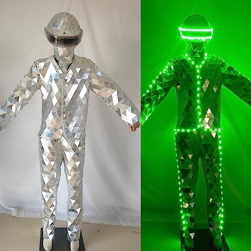 Mirror Man with LED Helmet for Disco Party DJ Adult Stage Street Performance Halloween Cosplay Christmas Costume  Silver  S 