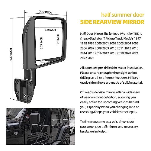 Mirrors Doors off Side View Mirrors Half Doors for Jeep Wrangler CJ7 YJ JK/JL Gladiator JT 1997 2024   1 Pair