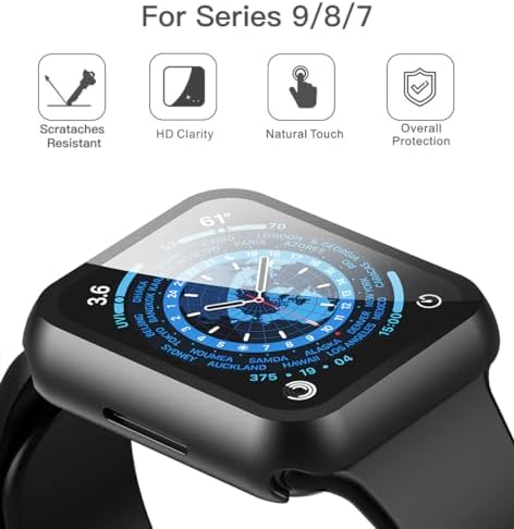 Misxi 2 Pack Hard PC Case with Tempered Glass Screen Protector Compatible with Apple Watch Series 9  2023  Series 8 Series 7 45mm  Ultra Thin Scratch Resistant Cover for iWatch S9/S8/S7  Black
