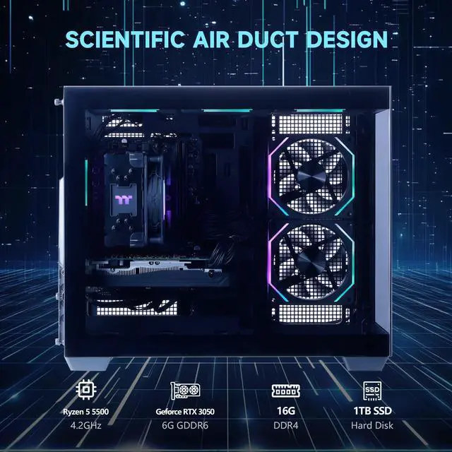 Mloong Black Gaming PC AMD Ryzen 5 5500  Up to 4 2 GHz  CPU  GeForce RTX 3050 6GB  1TB NVME SSD  16GB DDR4 RAM 3200MHz  650W PSU 7ARGB Fans  Windows 11 Home 64 bit WIFI Gaming Desktop  Black