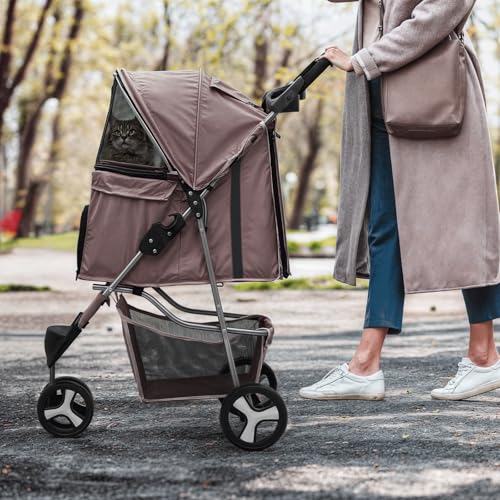 MoNiBloom Foldable Dog Strollers for Small Dogs with Weather Cover  3 Wheels Pet Strolling Cart for Dogs and Cats with Storage Basket and Cup Holder  Breathable and Visible Mesh for All Season  Coffee