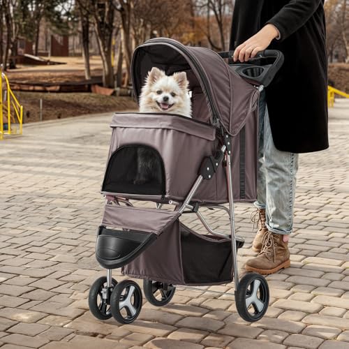 MoNiBloom Foldable Dog Strollers for Small Dogs with Weather Cover  3 Wheels Pet Strolling Cart for Dogs and Cats with Storage Basket and Cup Holder  Breathable and Visible Mesh for All Season  Coffee