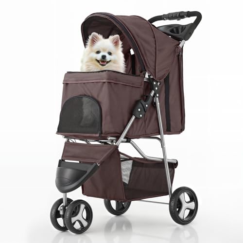 MoNiBloom Foldable Dog Strollers for Small Dogs with Weather Cover  3 Wheels Pet Strolling Cart for Dogs and Cats with Storage Basket and Cup Holder  Breathable and Visible Mesh for All Season  Coffee