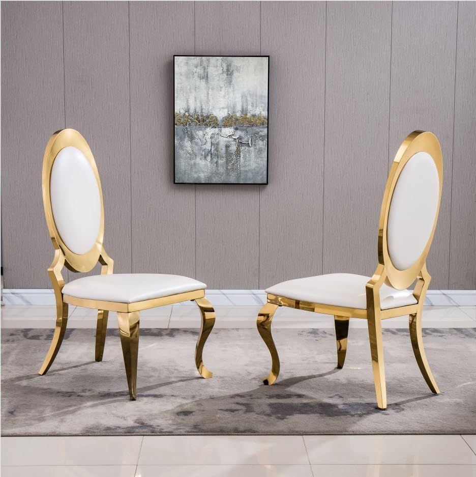 Modern Dining Chairs Set of 2 Leather Kitchen Dining Room Chair with Shiny Gold Stainless Steel Legs Upholstered Back Chairs for Living Room Meeting Room
