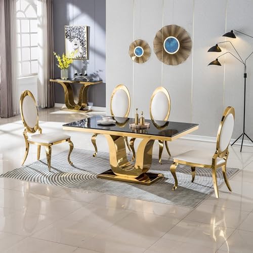 Modern Dining Chairs Set of 2 Leather Kitchen Dining Room Chair with Shiny Gold Stainless Steel Legs Upholstered Back Chairs for Living Room Meeting Room