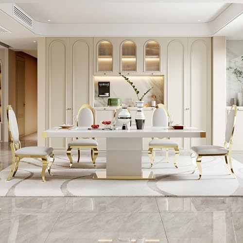 Modern Dining Chairs Set of 2 Leather Kitchen Dining Room Chair with Shiny Gold Stainless Steel Legs Upholstered Back Chairs for Living Room Meeting Room