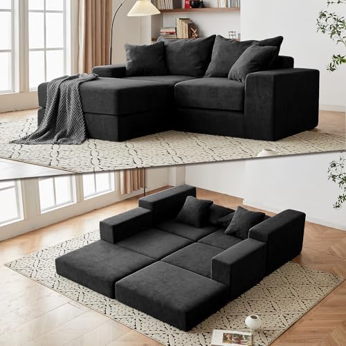 Modular Sectional Loveaeat Cloud Sofa  Boneless Couch with Non Slip Base  Cozy Sleeper Sofa for Customizable Living Spaces  Modern Modular Couch with L Shape Chaise  Deep Seat & No Assembly  Black