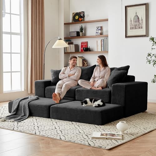 Modular Sectional Loveaeat Cloud Sofa  Boneless Couch with Non Slip Base  Cozy Sleeper Sofa for Customizable Living Spaces  Modern Modular Couch with L Shape Chaise  Deep Seat & No Assembly  Black