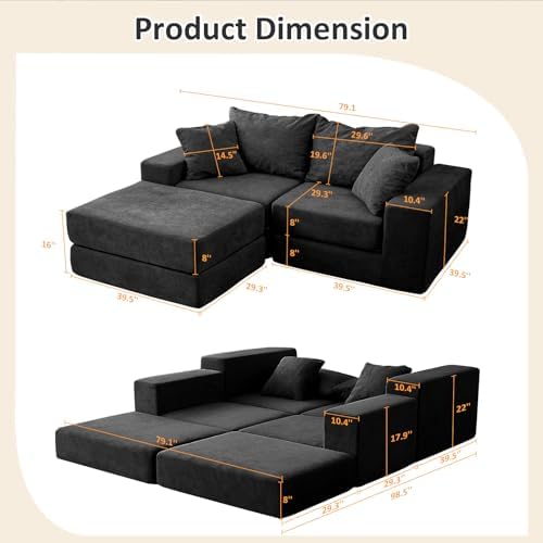 Modular Sectional Loveaeat Cloud Sofa  Boneless Couch with Non Slip Base  Cozy Sleeper Sofa for Customizable Living Spaces  Modern Modular Couch with L Shape Chaise  Deep Seat & No Assembly  Black