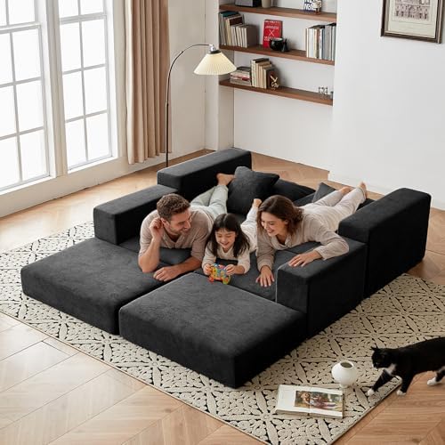 Modular Sectional Loveaeat Cloud Sofa  Boneless Couch with Non Slip Base  Cozy Sleeper Sofa for Customizable Living Spaces  Modern Modular Couch with L Shape Chaise  Deep Seat & No Assembly  Black