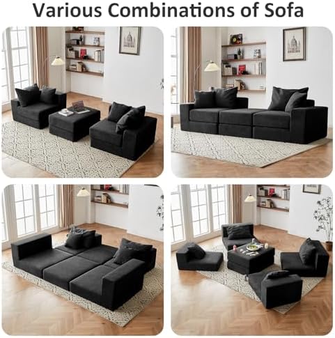 Modular Sectional Loveaeat Cloud Sofa  Boneless Couch with Non Slip Base  Cozy Sleeper Sofa for Customizable Living Spaces  Modern Modular Couch with L Shape Chaise  Deep Seat & No Assembly  Black
