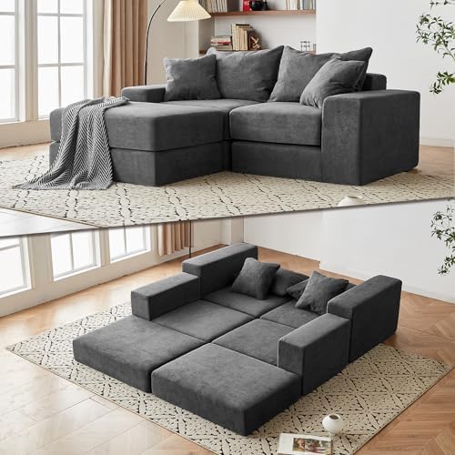 Modular Sectional Loveaeat Cloud Sofa  Boneless Couch with Non Slip Base  Cozy Sleeper Sofa for Customizable Living Spaces  Modern Modular Couch with L Shape Chaise  Deep Seat & No Assembly  Black