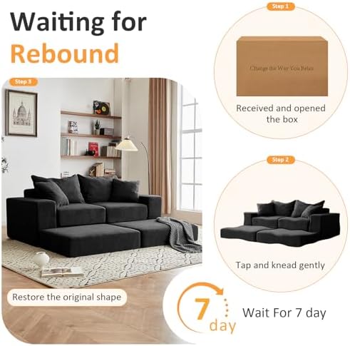 Modular Sectional Loveaeat Cloud Sofa  Boneless Couch with Non Slip Base  Cozy Sleeper Sofa for Customizable Living Spaces  Modern Modular Couch with L Shape Chaise  Deep Seat & No Assembly  Black