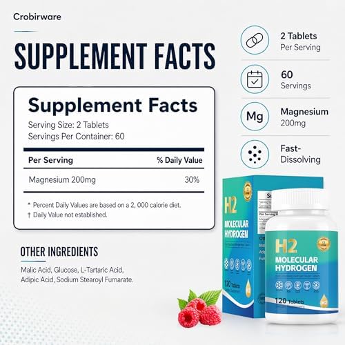 Molecular Hydrogen Water Tablets  12 PPM H2 Supplement with Magnesium  Raspberry Flavor  Fast Dissolving H2 Tablets for Water  Hydration  Energy & Recovery Support  120 Tablets