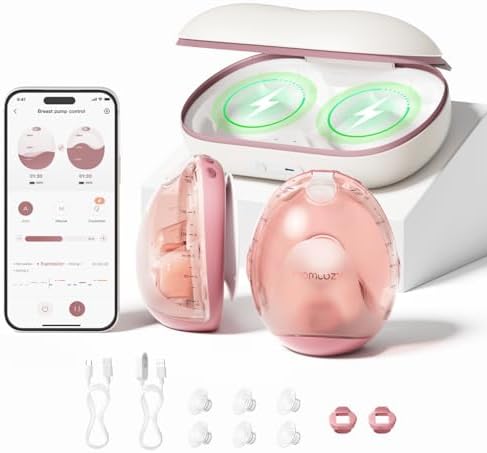 Momcozy Air 1 Ultra Slim Breast Pump  Hands Free Wearable Pump with Wireless Charging Case & App Control with Auto Mode & Full Milk Alert  Industry First Transparent Top for Easy Nipple Alignment