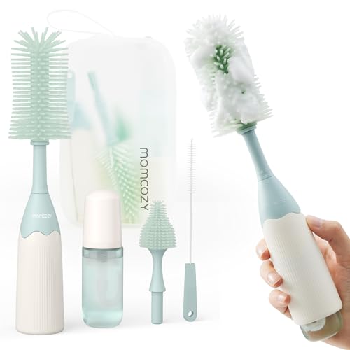 Momcozy Bottle Brush Kit  Innovative Push Press Design for Better Cleaning   Baby Bottle Cleaner Brush for Baby Bottle  Breast Pumps  Nipples  and More   Can Generate Foam for Better Cleaning  Green