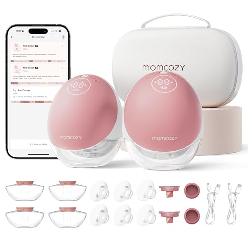 Momcozy Extractor de leche manos libres, flujo móvil mejorado | M9, control discreto con múltiples modos personalizados y 15 niveles, extractor de leche portátil de 0.96 pulgadas, paquete de 2