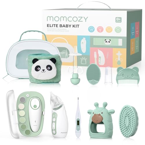 Momcozy Elite Baby Kit  Superior Baby Shower & Registry Essential Kit for Grooming & Health & Cleansing Care  Electric Nail File & Nasal Aspirator Tummy Wrap Thermometer Bath Brush Teether Storage Bag