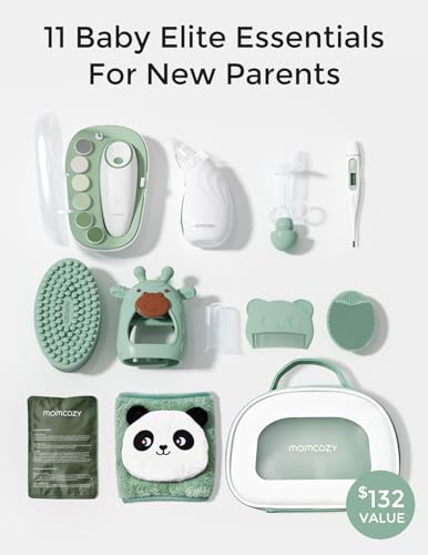 Momcozy Elite Baby Kit  Superior Baby Shower & Registry Essential Kit for Grooming & Health & Cleansing Care  Electric Nail File & Nasal Aspirator Tummy Wrap Thermometer Bath Brush Teether Storage Bag