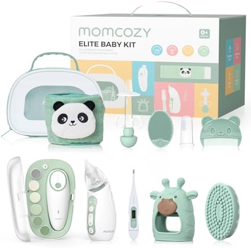 Momcozy Elite Baby Kit  Superior Baby Shower & Registry Essential Kit for Grooming & Health & Cleansing Care  Electric Nail File & Nasal Aspirator Tummy Wrap Thermometer Bath Brush Teether Storage Bag