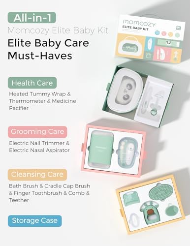 Momcozy Elite Baby Kit  Superior Baby Shower & Registry Essential Kit for Grooming & Health & Cleansing Care  Electric Nail File & Nasal Aspirator Tummy Wrap Thermometer Bath Brush Teether Storage Bag