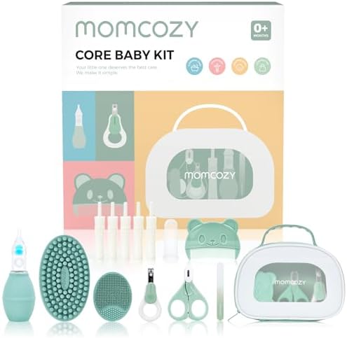 Momcozy Elite Baby Kit  Superior Baby Shower & Registry Essential Kit for Grooming & Health & Cleansing Care  Electric Nail File & Nasal Aspirator Tummy Wrap Thermometer Bath Brush Teether Storage Bag