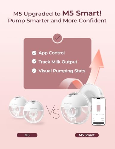 Momcozy M5 Smart APP Controlled Wearable Breast Pump  Hands Free Wireless Electric Pump  3 Modes 9 Suction Levels  BPA Free  Portable Lightweight  24mm Flange  2 Pack Quill Gray