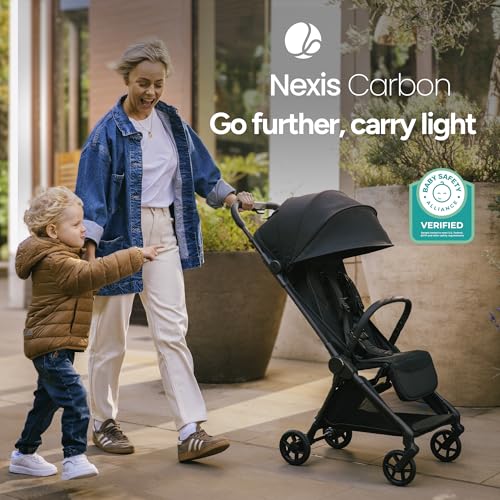 Mompush Nexis Carbon Travel Stroller  Ultra Lightweight 11 5 lbs  Compact & Airplane Carry On Approved  One Second Auto Fold  One Hand Full Recline  from Birth to 50 lbs  JPMA Certified