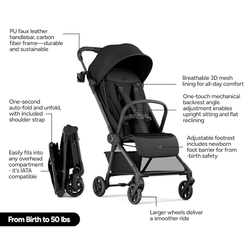 Mompush Nexis Carbon Travel Stroller  Ultra Lightweight 11 5 lbs  Compact & Airplane Carry On Approved  One Second Auto Fold  One Hand Full Recline  from Birth to 50 lbs  JPMA Certified