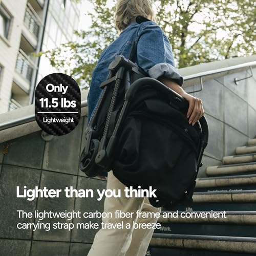 Mompush Nexis Carbon Travel Stroller  Ultra Lightweight 11 5 lbs  Compact & Airplane Carry On Approved  One Second Auto Fold  One Hand Full Recline  from Birth to 50 lbs  JPMA Certified